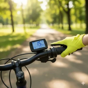 A clear shot of the speed control display and throttle on a child's electric bicycle handlebar.