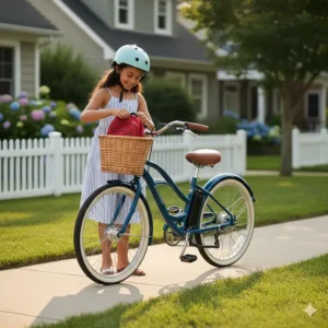 A stylish blue electric cruiser bike for kids with a basket, suitable for neighborhood riding and smooth pavements.