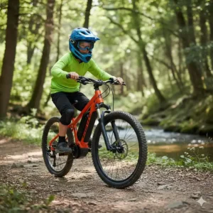A lightweight kids electric mountain bike with thick knobby tires riding on a dirt trail.