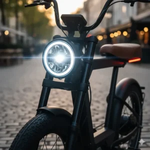 Bright, retro-style LED headlight and integrated brake light system on a modern moped style electric bike.