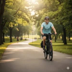 A man happily riding his best electric bike on a paved bike path, suggesting a long-range capability.