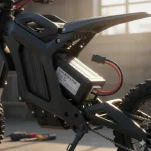 Lithium-ion battery pack for the mini electric dirt bike showing voltage and capacity details.