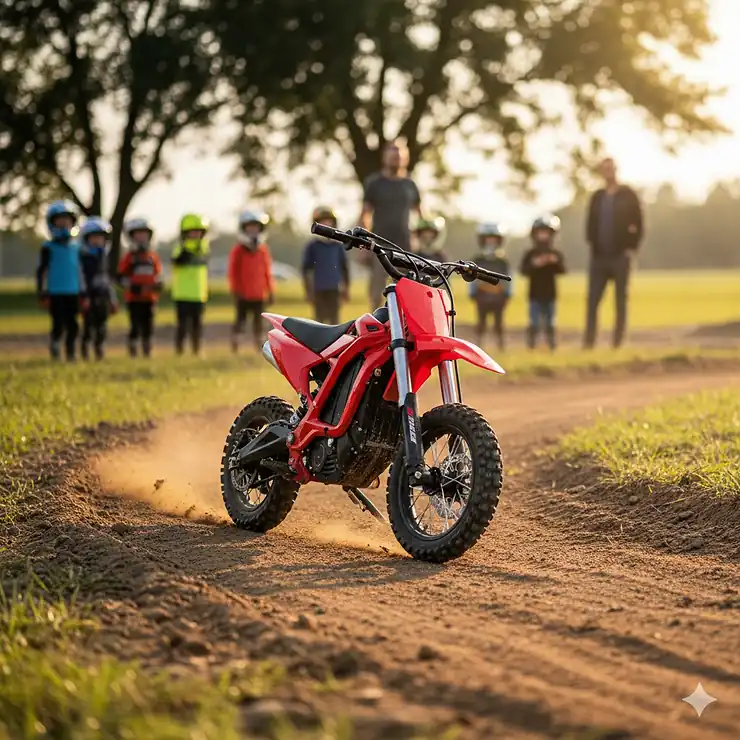 A bright red mini electric dirt bike ready for kids to ride on a dirt track.