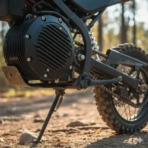 View of the powerful brushless electric motor and chain drivetrain on the mini dirt bike.