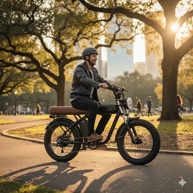 Adult riding a moped-style electric bike on a city street, showcasing its design and comfort.