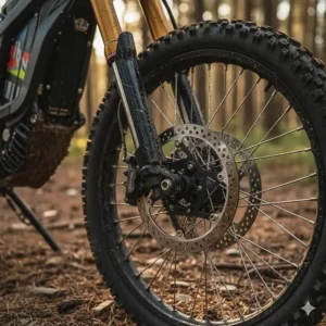 Detail of the heavy-duty off-road suspension system on the front wheel of the dirt bike.