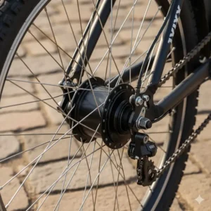 Detailed view of a rear hub motor on a budget-friendly electric bike wheel.