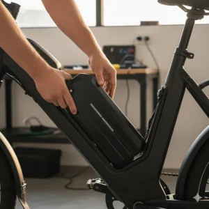 A lithium-ion removable battery pack being installed on an adult moped e-bike.
