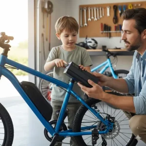 A parent demonstrating how to remove and charge the battery of a best electric bike for kids.