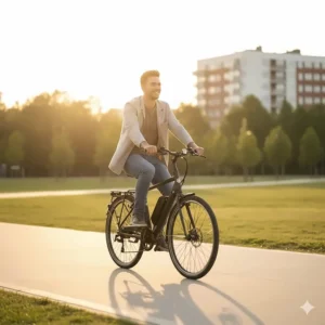 A young adult riding a high-value, best electric bike under $500 for an easy daily commute on a flat urban path.