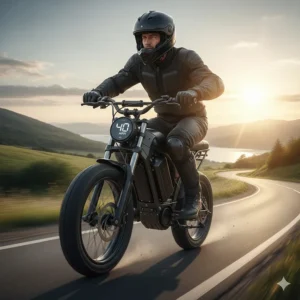 Rider wearing a full-face helmet and protective gear essential for operating a powerful 40 mph electric bike.