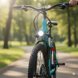 Close-up on the safety features of an electric bike for 13 year olds, including a bright LED headlight and reliable disc brakes.