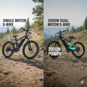Diagram illustrating the difference between a single motor and a dual motor electric bike, emphasizing the 2000W power.