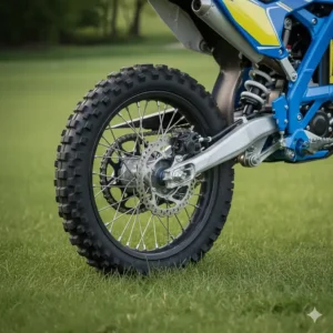 Detailed view of the knobby tires and rear suspension on a beginner electric dirt bike.