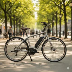 An accessible step-through electric bike frame design, featuring a low bar for easy mounting and dismounting.