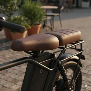 Long, cushioned two-seater saddle on a moped-style electric bike for adults designed for comfortable riding.