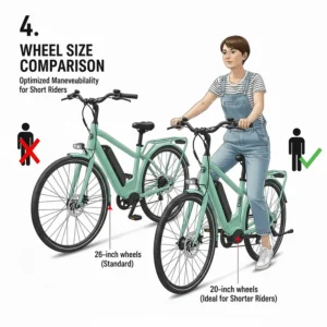 Comparison of 20-inch and 26-inch wheels on electric bikes designed for shorter stature.