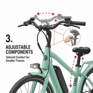 Close-up illustration of adjustable saddle and handlebars on an e-bike to accommodate a smaller frame.