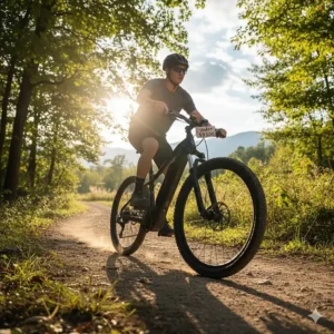 A person riding a beginner electric mountain bike on a scenic trail, demonstrating the versatility of an electric bike under $2500 for light off-road use.