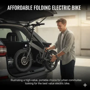 A compact, foldable electric bike being easily stowed in a car trunk, illustrating a high-value, portable choice for urban commuters looking for the best value electric bike.