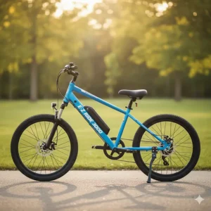 Side view illustration of a low-step frame electric bike, which is an ideal, safe design for 8-year-olds.