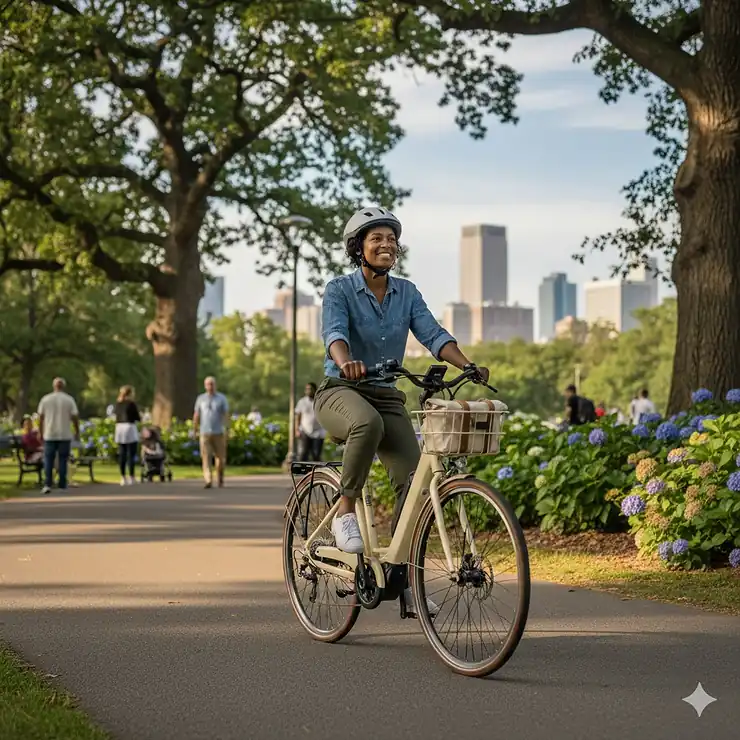 A beginner cyclist riding a step-through electric bike on a paved city path, highlighting comfort and ease of use. best electric bike for beginners