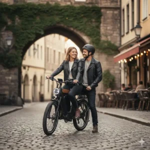 An action shot of a couple riding a best electric bike for two people, highlighting the functionality of the passenger seat.