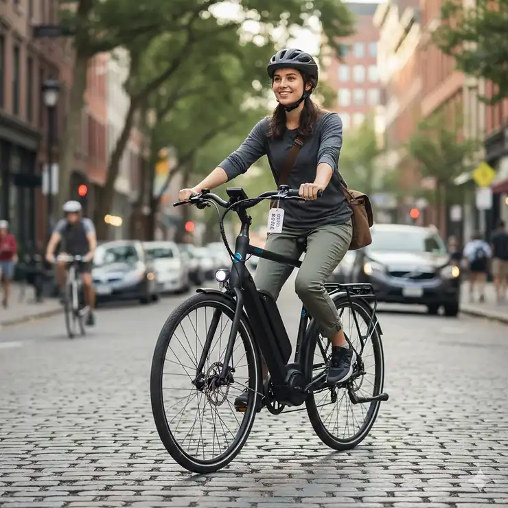 A stylish, new electric bike, priced under $2500, being ridden by a commuter on a city street, showcasing its design and practical use. electric bike under $2500