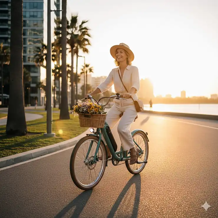A woman riding a stylish step-through electric bike on a paved city path during sunset. electric bikes for women