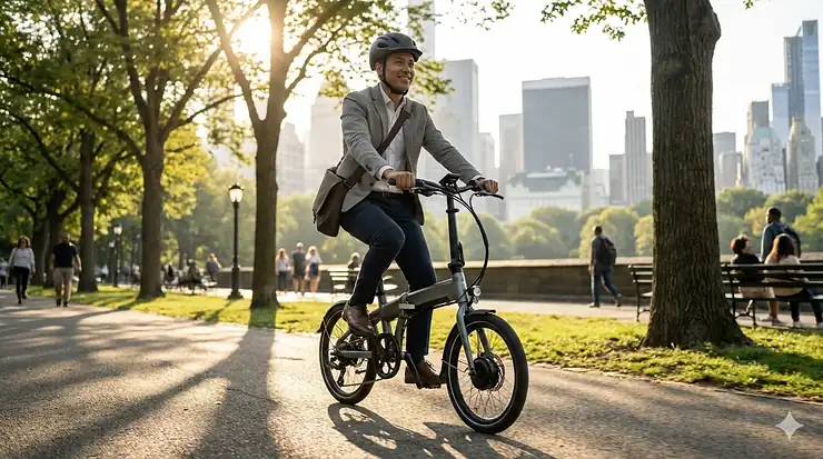 A person riding a modern folding electric bike through a sunny city park during their morning commute.