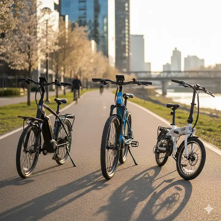Close-up shot of the best selling electric bikes on a scenic urban bike path, highlighting the sleek frame, integrated battery, and digital display screen.