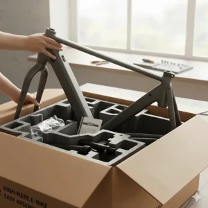 A new, highly-rated budget electric bike packaged in a box, ready for easy assembly by the customer.