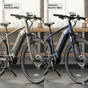 Side-by-side comparison of a standard budget electric bike model next to a premium model, pointing out key differences in components.