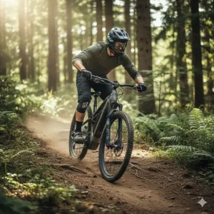 A rider using an electric mountain bike to tackle a steep incline for a high-intensity cardiovascular workout.