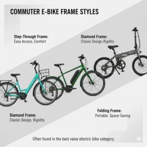 Collage of different electric bike frame styles, such as step-through and traditional diamond frames, often found in the best value electric bike category.