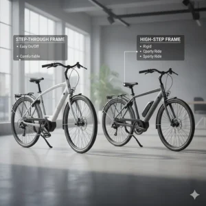 Illustration comparing different frame styles for an electric bike for commuting, including step-through and high-step models.
