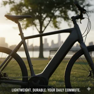 A side-view of a lightweight, durable aluminum frame of a popular commuter electric bike under $3000.