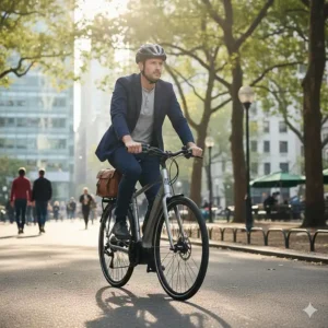 A professional commuter using a pedal-assist electric bike for exercise while riding through an urban environment.
