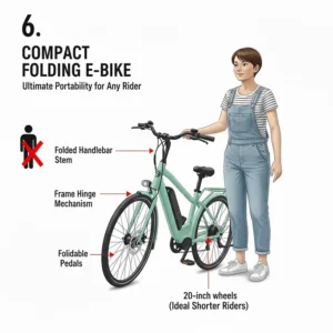 Illustration of a compact folding electric bike being easily handled by a smaller person.