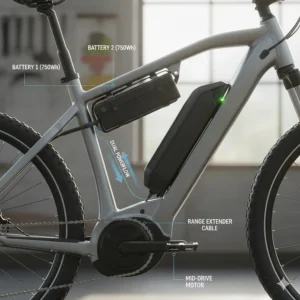 Technical diagram showing a dual battery setup on a long distance electric bike frame for extended range.