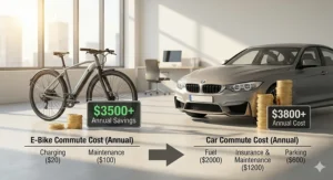 An infographic comparing the annual savings of using an electric bike for commuting versus a gasoline-powered car.