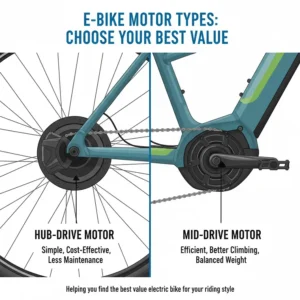Diagram illustrating the difference between hub-drive and mid-drive motors, helping users choose the best value electric bike for their riding style.