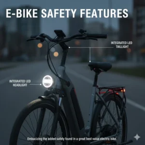 Image focusing on the integrated LED headlights and taillights on a budget-friendly electric bike, emphasizing the added safety found in a great best value electric bike.