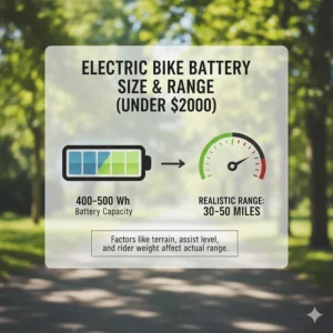 Infographic explaining the typical battery size and realistic range of an electric bike under $2000 on a single charge.