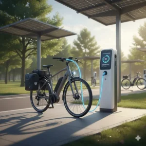 An icon-style illustration of a long distance electric bike plugged into a public charging station.