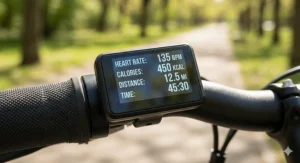 Close-up of a handlebar-mounted display showing heart rate and calories burned during an electric bike exercise session.