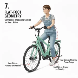 Illustration of flat-foot frame geometry allowing a short rider to touch the ground while seated.