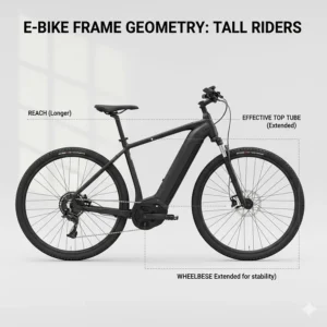Technical diagram showing e-bike frame geometry including reach and stack measurements optimized for tall cyclists.