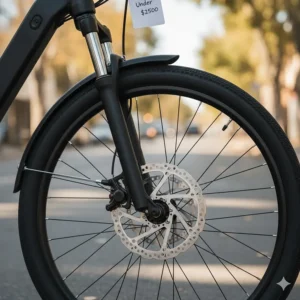A close-up of the front suspension fork and disc brakes on a quality electric bike, an important feature for comfort and safety.