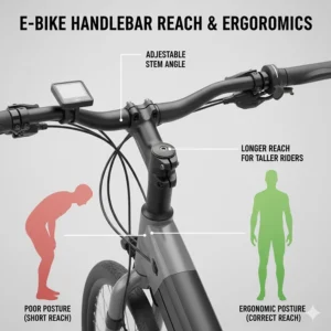 Close-up illustration of adjustable stem and handlebar reach on an electric bike to prevent slouching for tall riders.